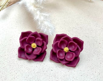 Burgundy Large Flower Studs, Hypoallergenic backs, Statement Earrings handmade in the Uk