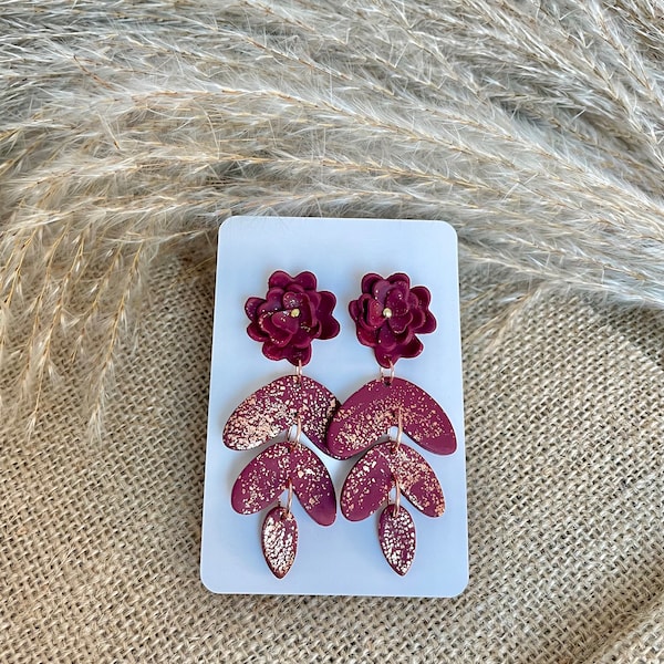 Maroon flowery gold rose leaf plated polymer clay earrings | gifts for her | handmade earrings