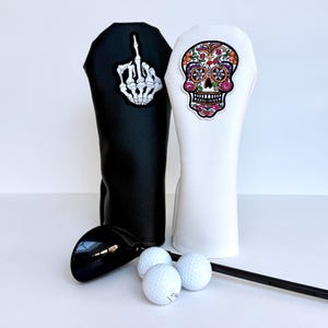 Skull and F You Hand Sign Golf Club Head Cover | Padded and Fleece Lined