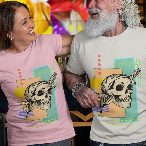 Unisex Fit Pirate Skull T-Shirt Neon Abstract Art . Unique and Retro Inspired Minimalist Gasparilla Colorful Graphic Design Unisex T-shirt