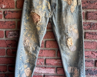 Upcyled Levi jeans. With denim patches and lace hand embroidered on. 505 31”W 32”L