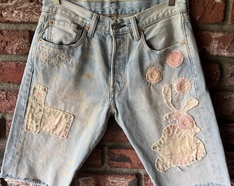 Upcycled Levi’s 501 Shorts.  Vintage fabrics.  Hand embroidered details.  Dove