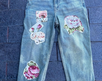 Up-cycled Holister jeans with vintage fabric floral fabrics