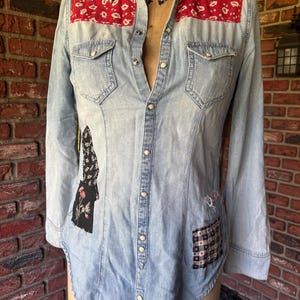 Upcycled Pearl Snap Denim Shirt: Vintage Fabric Patches, Size Small