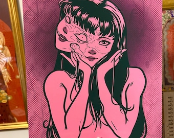 May include: A pink and black illustration of a woman with multiple faces. The woman is depicted with her hands on her chin, looking at the viewer. The background is a pink and white dotted pattern.