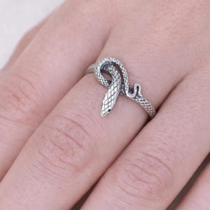 Könnte beinhalten: Ein silberfarbener Ring in Form einer Schlange, die sich um einen Finger windet. Der Schlangenkopf ist mit einem kleinen schwarzen Auge versehen. Der Ring hat ein strukturiertes, schuppenartiges Muster.