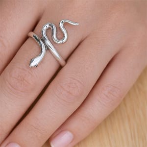 Könnte beinhalten: Ein silberner Ring in Schlangenform, der sich um einen Finger windet. Der Ring zeigt einen detaillierten Schlangenkopf mit kleinen Augen, und der Körper der Schlange windet sich um den Finger. Der Ring wird an einer Hand gezeigt.