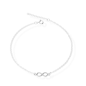 May include: A silver infinity symbol charm bracelet with a delicate chain.