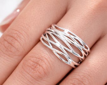 Wrap ring, women's ring, abstract silver strands, 925 sterling silver ring sr-32