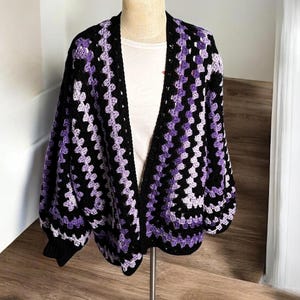 Crochet Cardigan, Oversized Hexagon Granny Cardigan Purple Ombre & Black