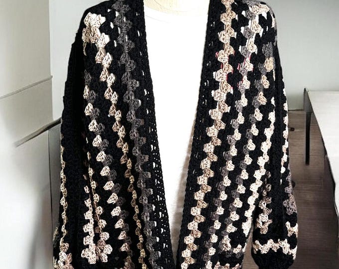 Crochet Cardigan, Oversized Hexagon Granny Cardigan Brown Ombre & Black