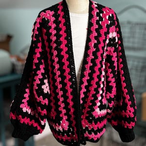 Crochet Cardigan, Oversized Hexagon Granny Cardigan Pink Ombre & Black