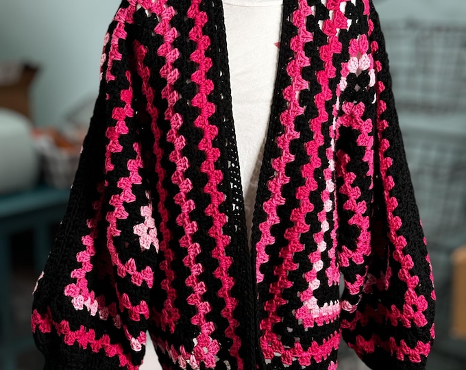 Crochet Cardigan, Oversized Hexagon Granny Cardigan Pink Ombre & Black