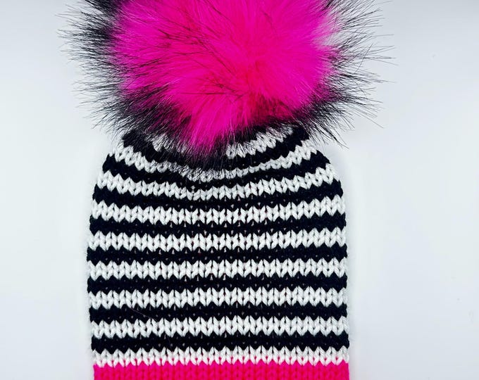 Black & White Striped Beanie with Faux Fur Pom