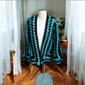 Crochet Cardigan, Oversized Hexagon Granny Cardigan Teal Ombre & Black