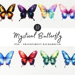 May include: Set of 23 digital illustrations of mystical butterflies with galaxy-inspired designs. Each butterfly has a unique color scheme and intricate details, perfect for adding a touch of magic to your projects.