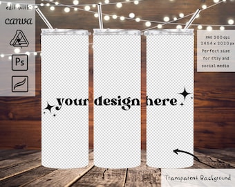 May include: Three stainless steel tumblers with a transparent background. The tumblers are on a wooden surface with fairy lights in the background. The text "your design here" is on the middle tumbler.