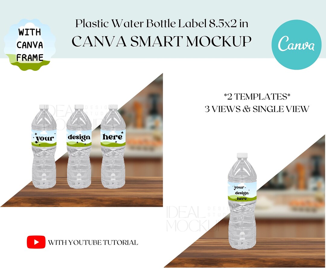 Plastic Water Bottle Label CANVA Smart Mockup, Mockup for Va Only, Full