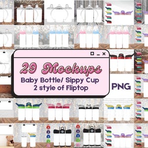 Puede incluir: 29 maquetas de biberones y vasos para beber con tapas abatibles. Las maquetas son de varios colores y estilos, incluyendo rosa, azul, verde y amarillo. PNG.