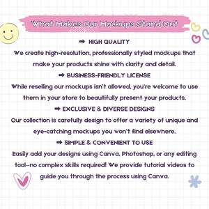 May include: A pink and white graphic with the text "What Makes Our Mockups Stand Out" and a list of four reasons why the mockups are great: high quality, business-friendly license, exclusive and diverse designs, and simple and convenient to use.