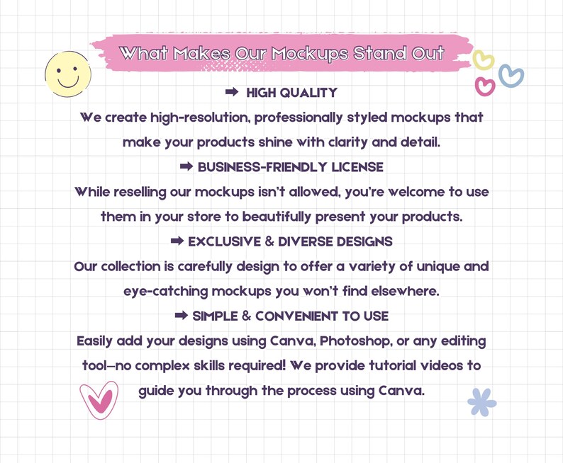 May include: A pink and white graphic with the text "What Makes Our Mockups Stand Out" and a list of four reasons why the mockups are great: high quality, business-friendly license, exclusive and diverse designs, and simple and convenient to use.
