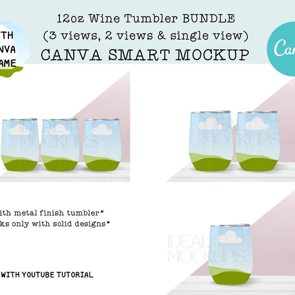 12oz Wine Tumbler CANVA Smart Mockup with metal finish, Mockup, Mockup for Canva Only,  Tumbler Canva Mockup