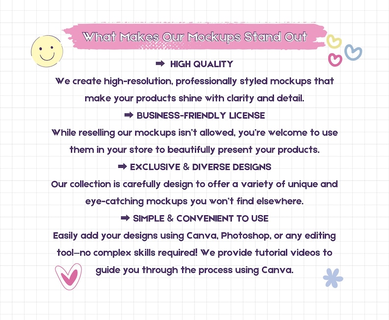 May include: A pink and white graphic with the text "What Makes Our Mockups Stand Out" and a list of four reasons why the mockups are great: high quality, business-friendly license, exclusive and diverse designs, and simple and convenient to use.