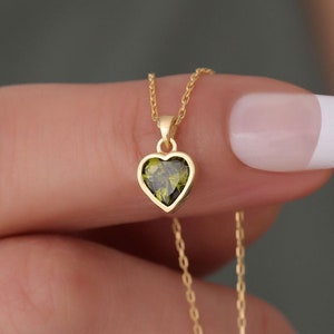 Peridot Heart Necklace, 14K Solid Gold Charm, August Birthstone Pendant, Dazzling Valentines or Birthday Gift