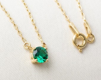 Emerald Necklace - 14K Solid Gold Double Hoop with Round Emerald, Elegant & Minimalist May Jewelry, Perfect Gift for Mother's Day, Wife