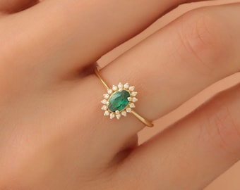 Oval Smaragd Echt Diamant Ring in 14K 10K 8K Massivgold, Mai Birthstone Schmuck
