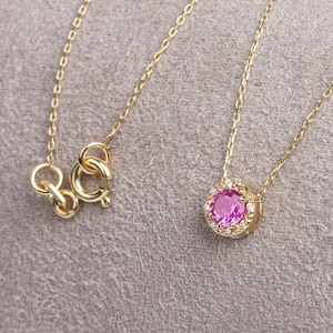 Pink Sapphire Real Diamond Necklace, 14K Solid Gold, Minimalist Round Pendant, Birthstone Necklace, Gift for Mother&#39;s, Lover, Sister