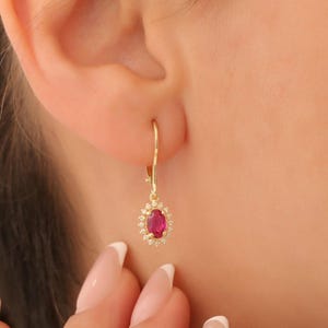 14K 10K 8K massief gouden robijn en echte diamanten halo ovale oorbellen, geboortesteen juli
