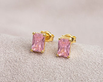 Rectangle Pink Tourmailine Earring, 14K Solid Gold, Birthstone Gift Earrings, Perfect Gift for Mother's Day - Girlfriend - Wife