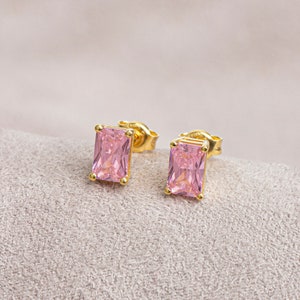 Rectangle Pink Tourmailine Earring, 14K Solid Gold, Birthstone Gift Earrings, Perfect Gift for Mother&#39;s Day - Girlfriend - Wife