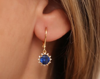 14K Solid Gold Sapphire Earring with Dangling Real Diamonds, Round September Birthstone Earrings, Perfect Gift for Mother's Day