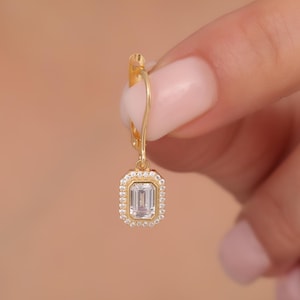 White Topaz Bezel Rectangle Dangle Earrings, Real Diamonds Surrounded 14K Solid Gold, April Birthstone, Elegant Wedding or Engagement Gift