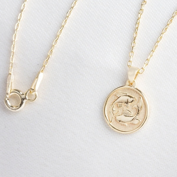 Pisces Zodiac Necklace 14K Solid Gold, Pisces Sign, Birthstone Astrology, Zodiac Constellation Necklace, Perfect Gift for Mother's Day