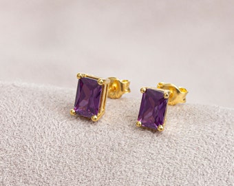 Rectangle Amethyst Earring, 14K Solid Gold Amethyst Earring, February Birthstone, Perfect Gift for Mother's Day - Girlfriend - Wife
