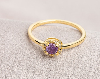 14K Solid Gold Real Diamond Round Alexandrite Ring, Anniversary Gift,Christmas Gift,Woman Jewelry, June Birthstone,Alexandrite Daily Jewelry