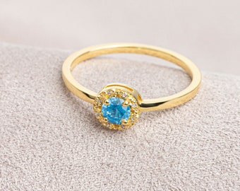 14K Solid Gold with Real Diamond Round Aquamarine Ring - Perfect Anniversary & Mother's Day Gift, March Birthstone Jewelry for Women