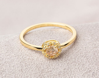 Round Citrine Ring With Real Diamond, 14K Solid Gold, Perfect Gift for Mother's Day - Girlfriend - Wife