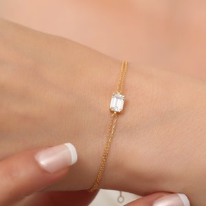 Rectangle White Topaz Bracelet 14K Solid Gold, Baguette White Bracelet, April Birthstone, Perfect Gift for Mother's Day Girlfriend Wife image 1