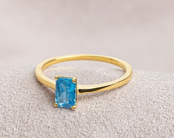 Rectangle Blue Topaz Ring 14K Solid Gold, December Birthstone, Real Gold Birthstone Ring, Perfect Gift for Mother's Day - Girlfriend - Wife