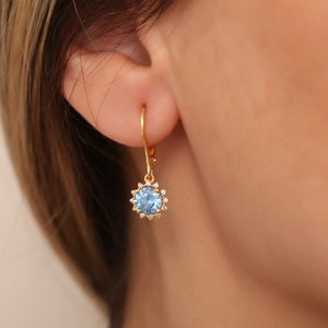 14K Solid Gold & Diamond Aquamarine Earring, Dangling Round March Birthstone, Perfect Gift for Mother&#39;s Day - Girlfriend - Wife