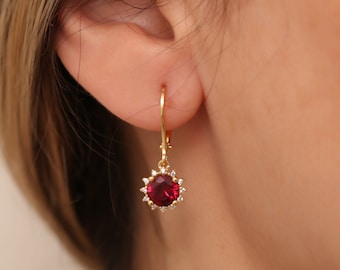Round Ruby Dangling Earrings with Real Diamonds, July Birthstone, 14K 10K 8K Solid Gold
