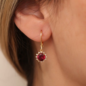 May include: Gold dangle earrings with a red gemstone surrounded by smaller clear gemstones.