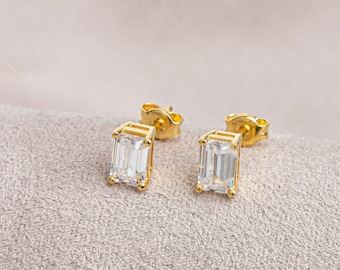 14K Solid Gold White Topaz Earring - Rectangle April Birthstone Gift for Mom, Elegant Mother's Day Present for Women