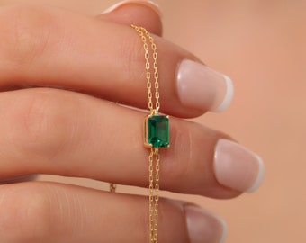 Rectangle Emerald Bracelet 14K Solid Gold, Daint Gold Baguette Emerald Bracelet, May Birthstone, Perfect Gift for Mother's Day - Wife