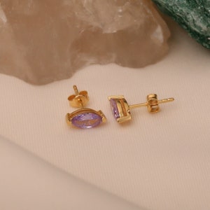 Marquise Alexandrite Earrings 14K Solid Gold, Birthstone Bezel Set, June Gift Earrings, Perfect Gift for Mother's Day - Girlfriend - Wife