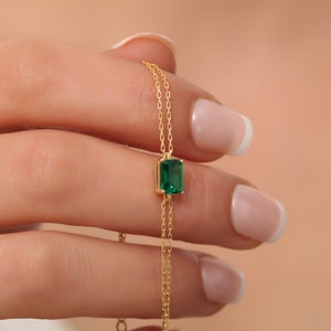 Rectangle Emerald Bracelet 14K Solid Gold, Daint Gold Baguette Emerald Bracelet, May Birthstone, Perfect Gift for Mother's Day - Wife